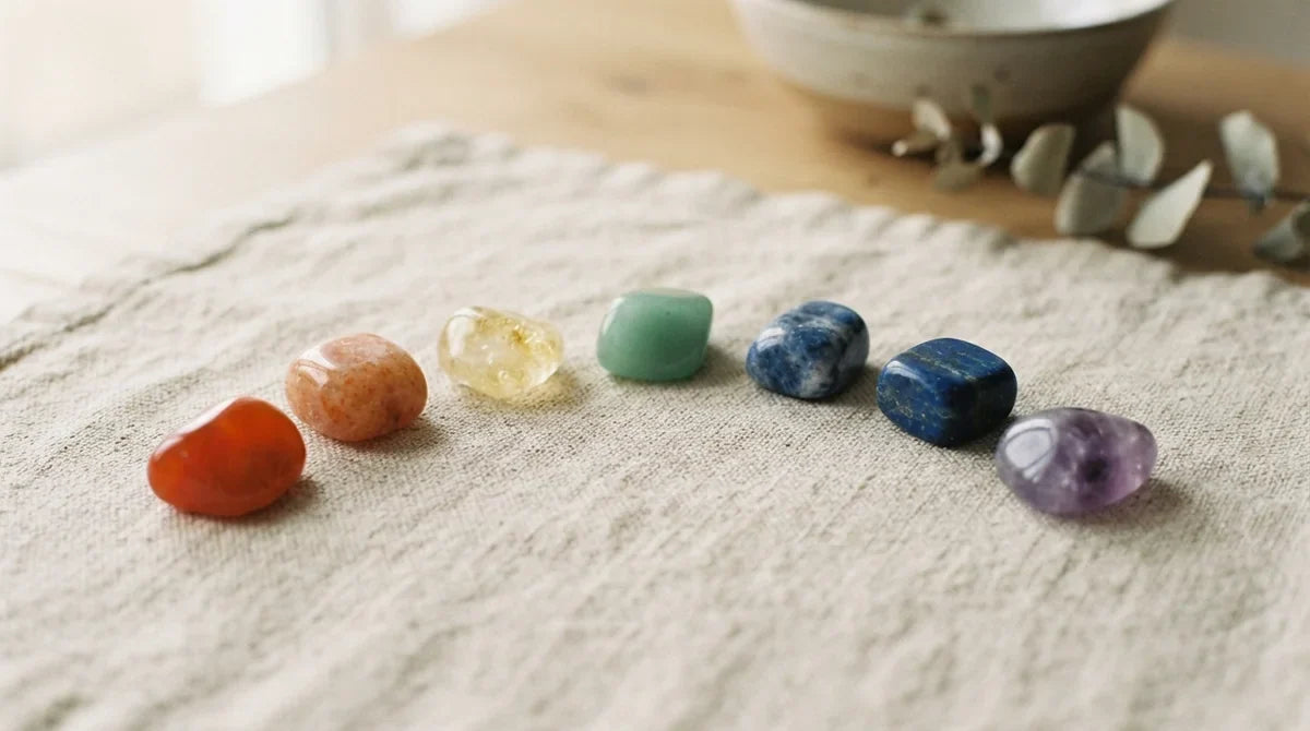 Sept pierres naturelles colorées alignées, une pour chaque couleur des 7 chakras