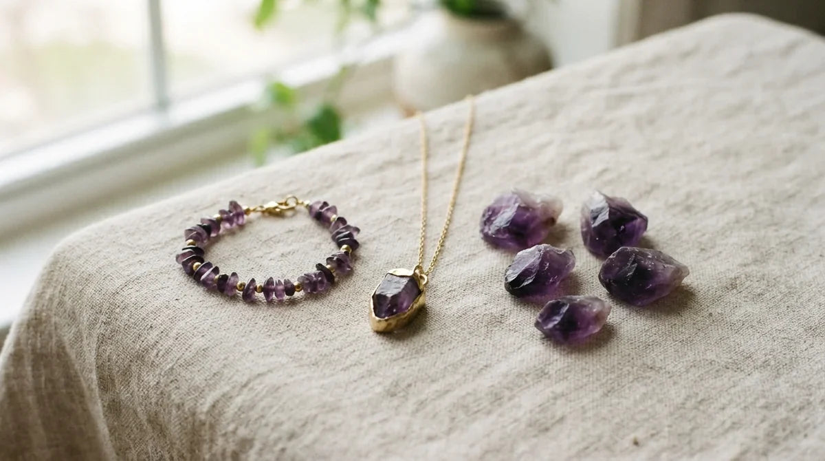 Bijoux et pierres brutes d'améthyste violette, illustrant les vertus et la signification de la pierre