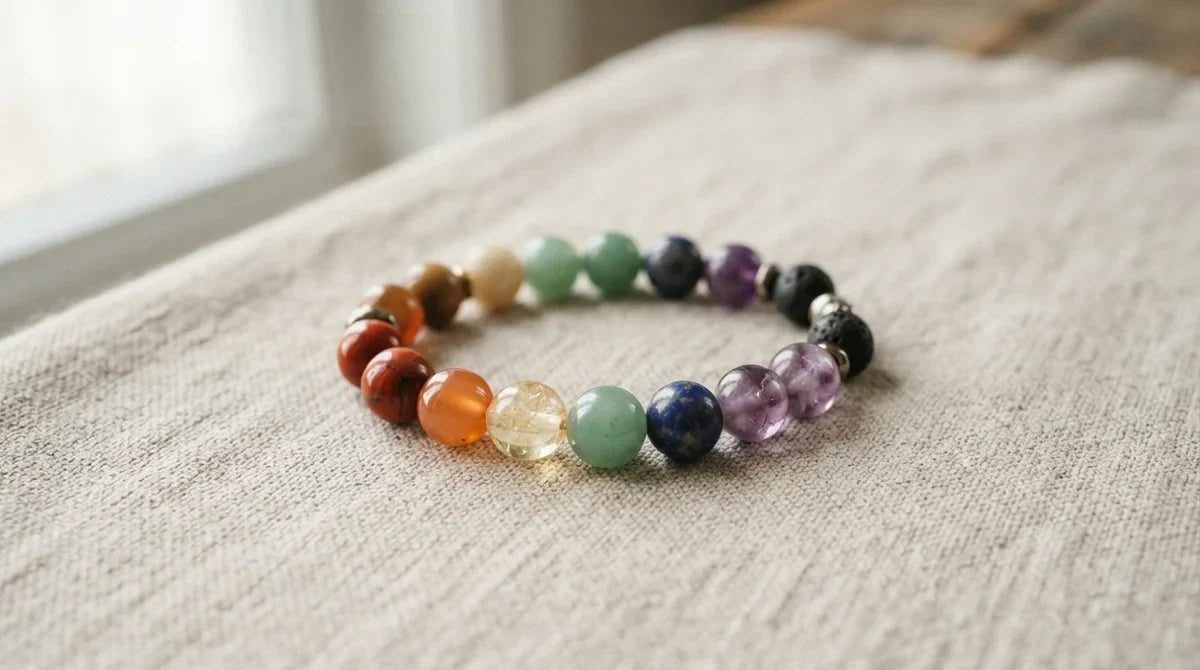 Bracelet 7 chakras avec sept pierres naturelles colorées, du rouge au violet, posé sur un tissu neutre