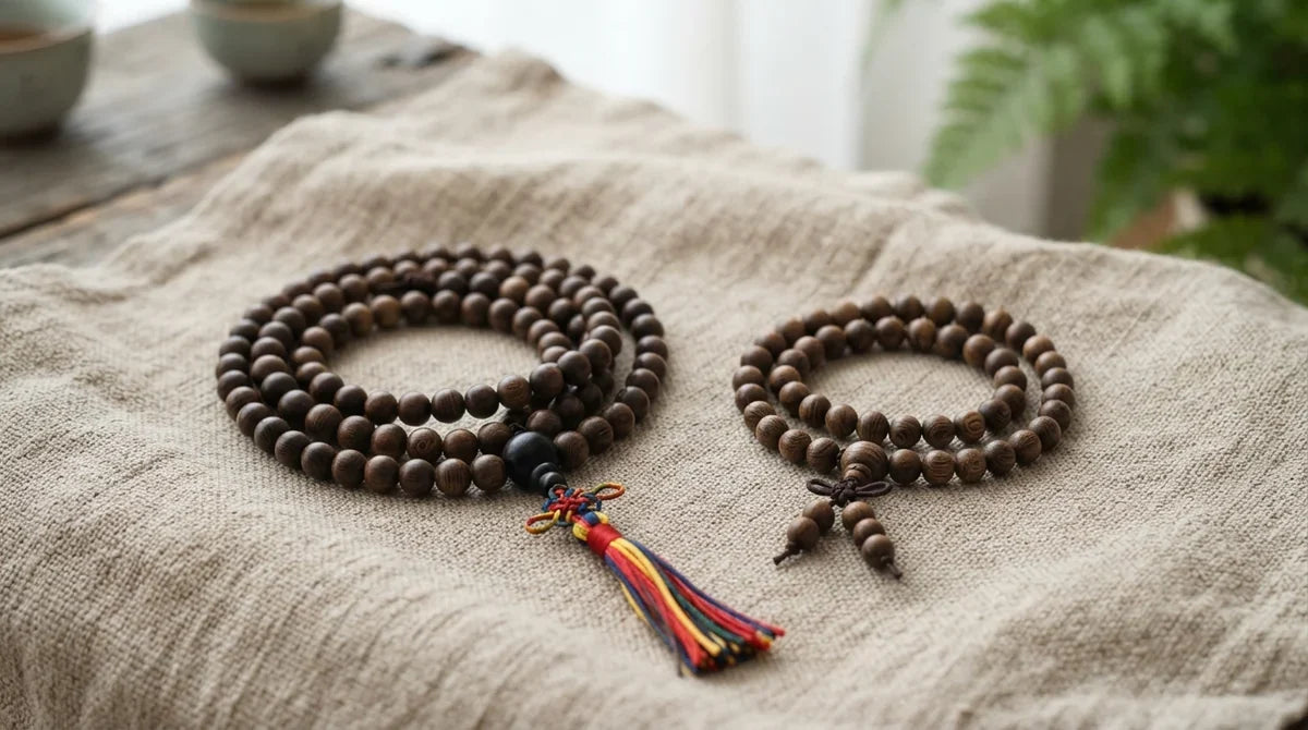 Bracelet tibétain en perles de bois et mala posés sur un tissu, symboles bouddhistes