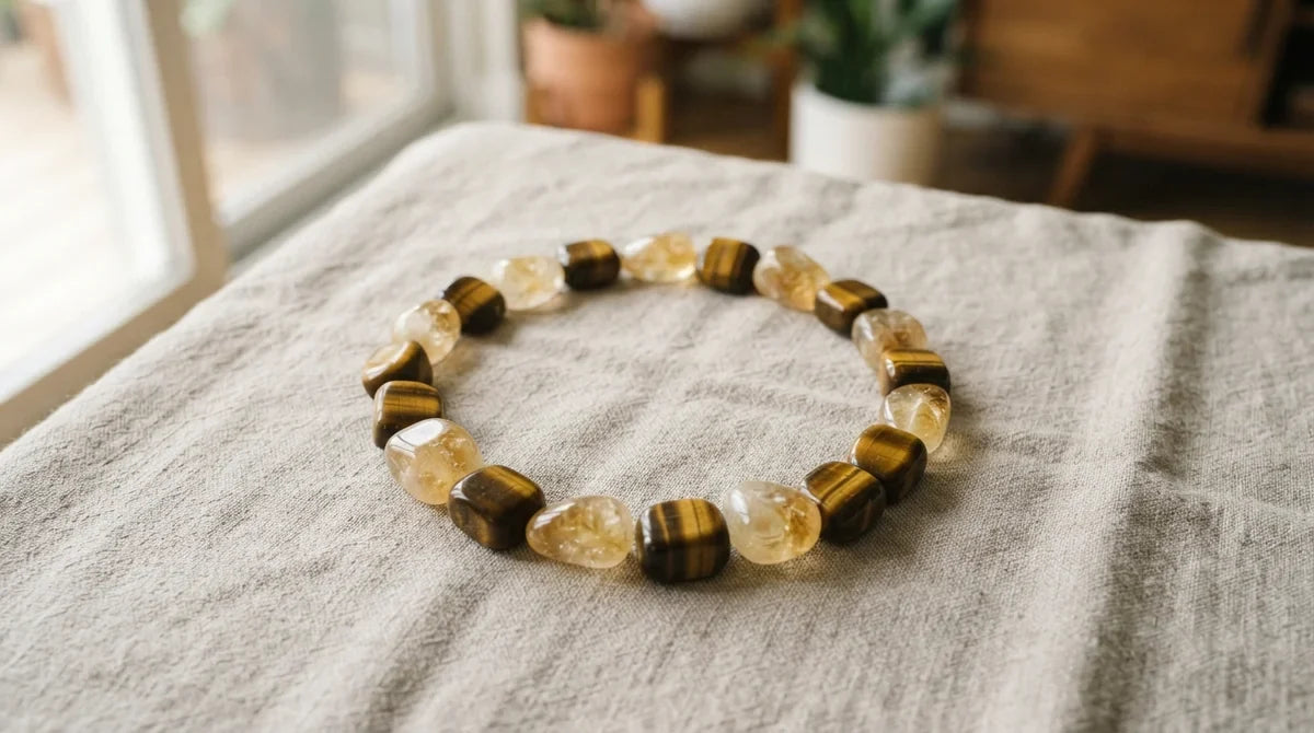 Pierres jaunes citrine et œil-de-tigre disposées en symbole du chakra du plexus solaire
