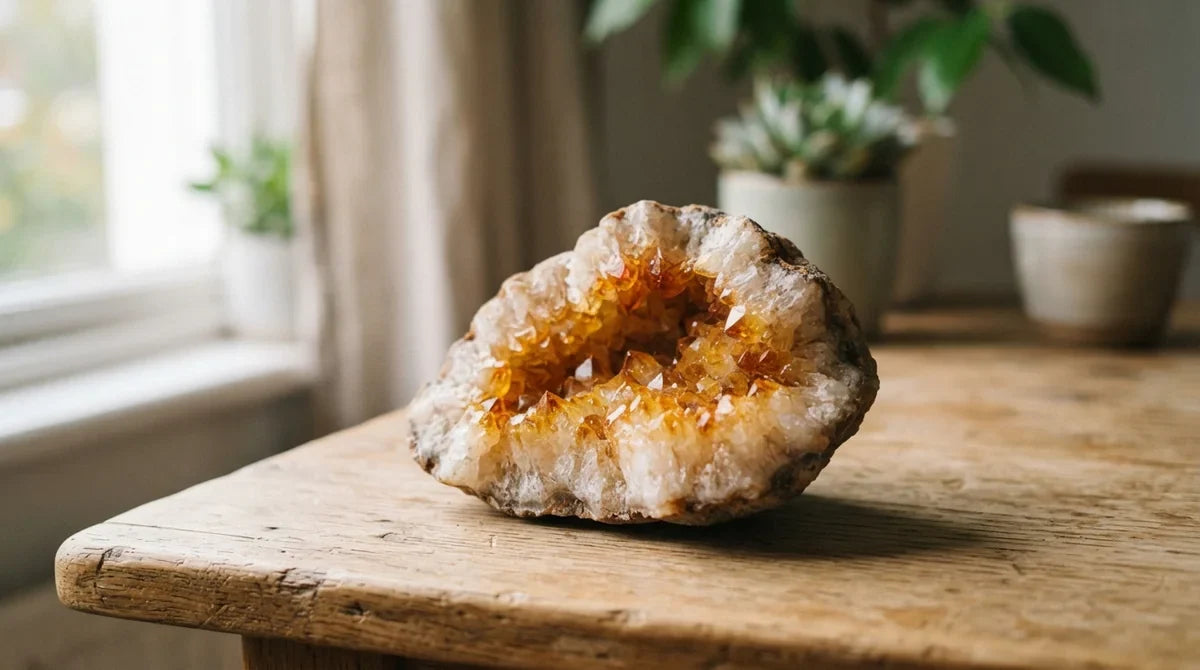 Géode de citrine jaune orangé éclairée par une lumière douce