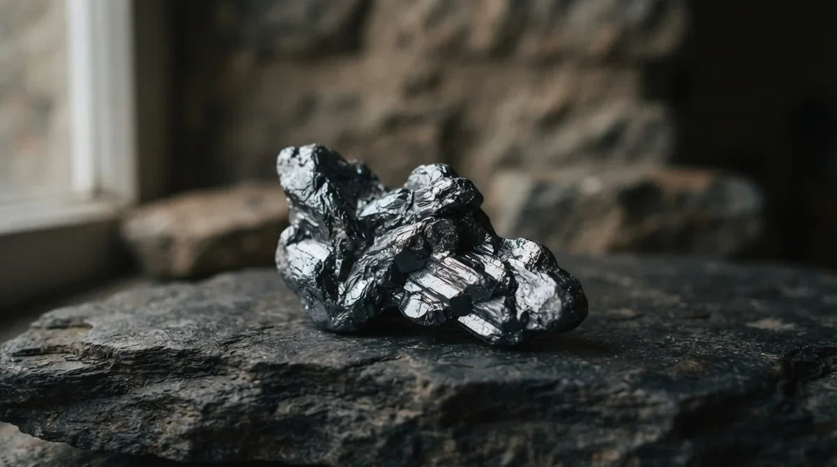 Pierre d'hématite brute grise à l'éclat métallique posée sur une surface sombre
