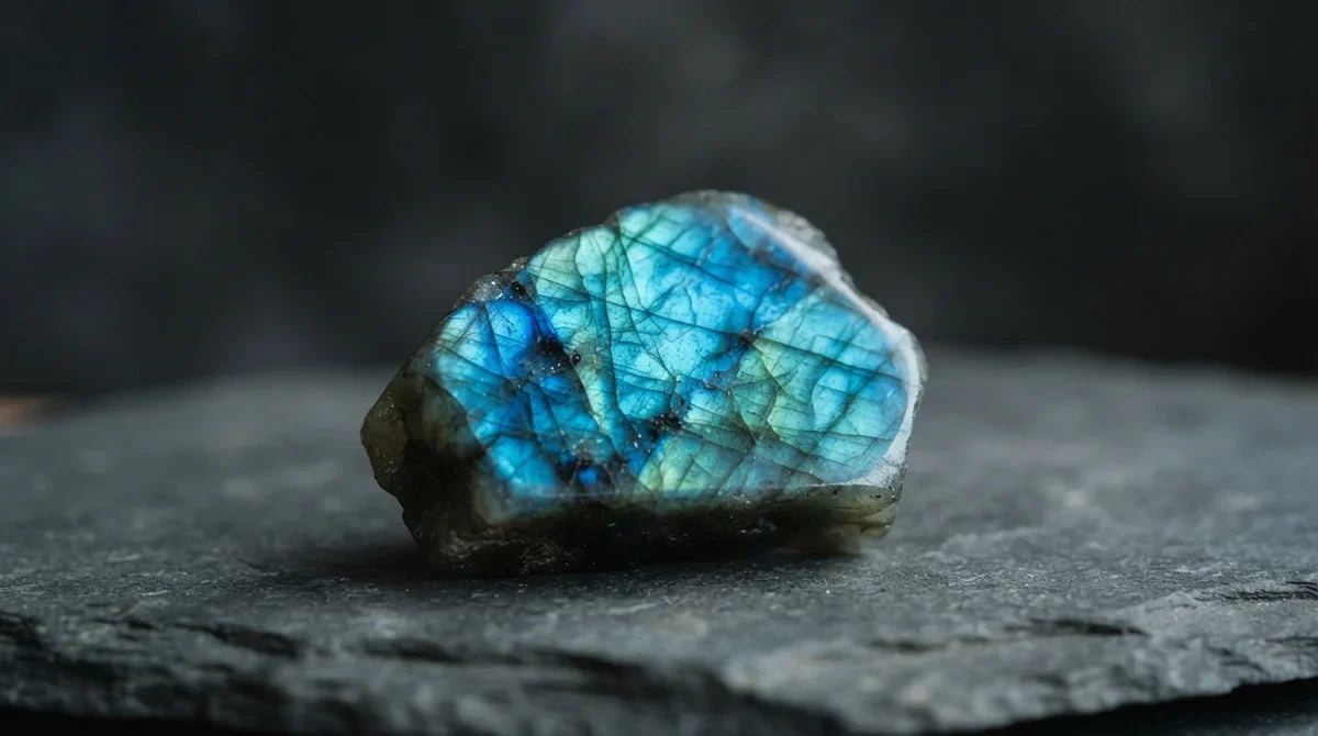 Morceau de labradorite brute aux reflets bleus et verts