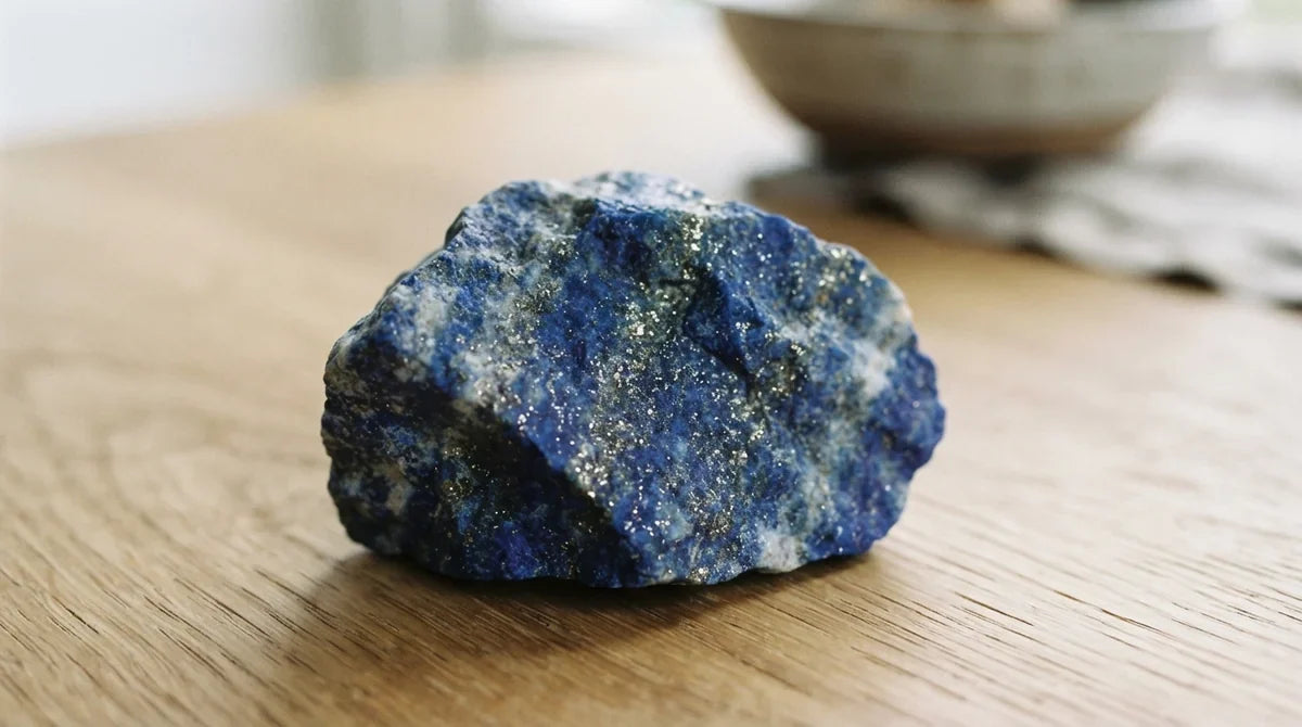 Morceau de lapis lazuli brut avec des éclats dorés de pyrite