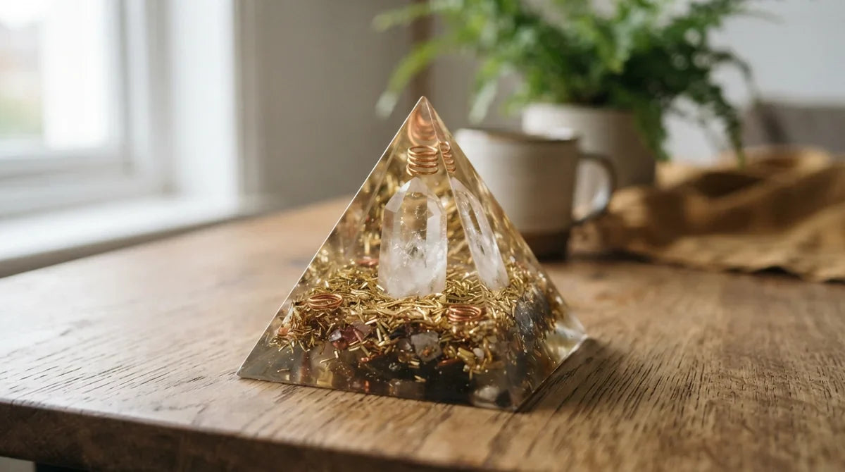 Orgonite en forme de pyramide, résine transparente avec copeaux de métal et cristal de quartz visibles à l'intérieur