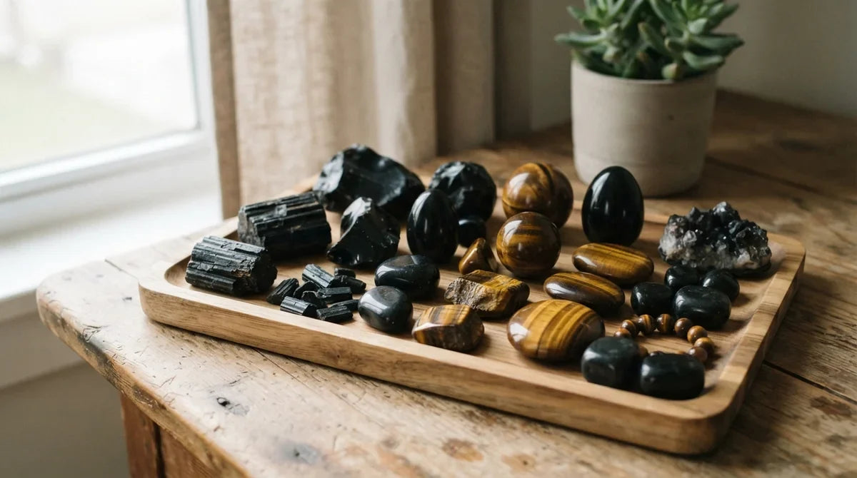 Assortiment de pierres de protection naturelles, obsidienne noire, tourmaline noire et oeil-de-tigre, posées sur un support en bois