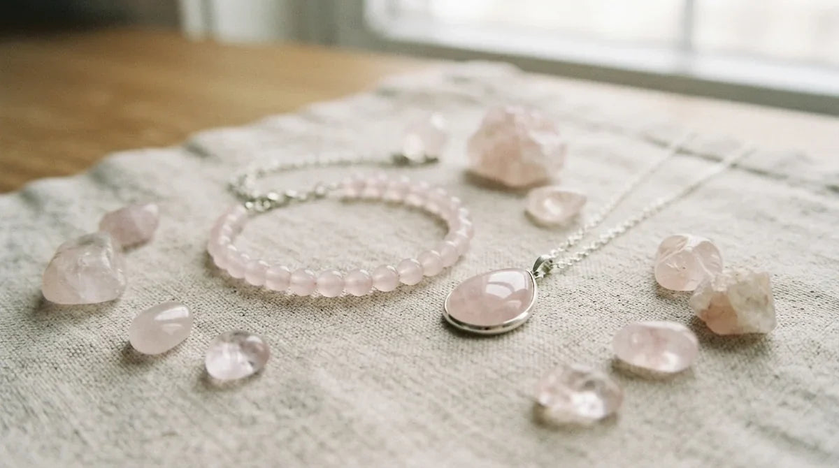 Bijoux et pierres polies de quartz rose, illustrant les vertus et la signification de la pierre