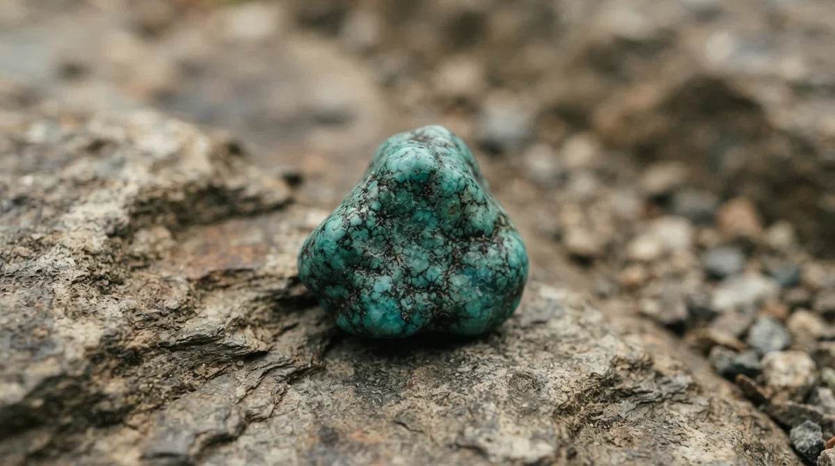 Pierre de turquoise brute bleu vert avec veines de matrice, posée sur une surface minérale