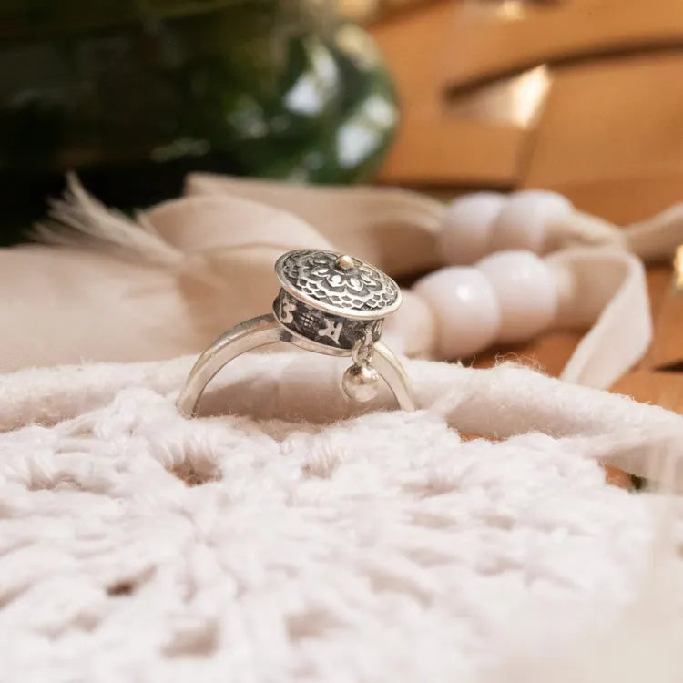 Bague fleur de lotus roue de prière