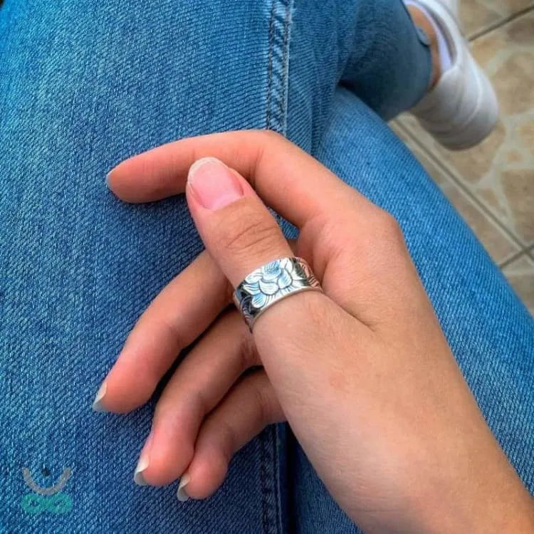 Bague fleur de lotus en argent, sutra du coeur