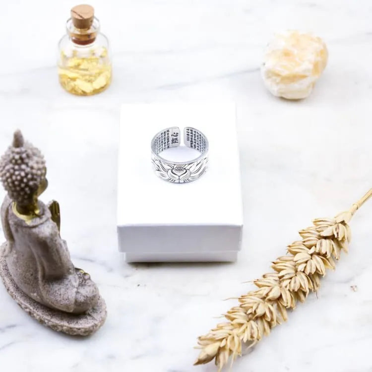 Bague fleur de lotus en argent, sutra du coeur