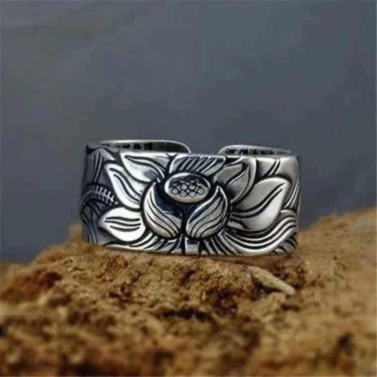 Bague fleur de lotus en argent, sutra du coeur