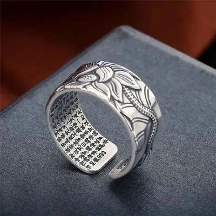 Bague fleur de lotus en argent, sutra du coeur