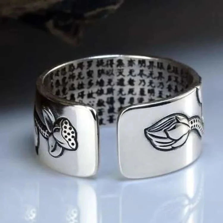 Bague fleur de lotus en argent, sutra du coeur