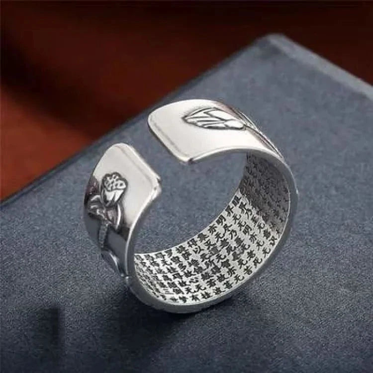 Bague fleur de lotus en argent, sutra du coeur