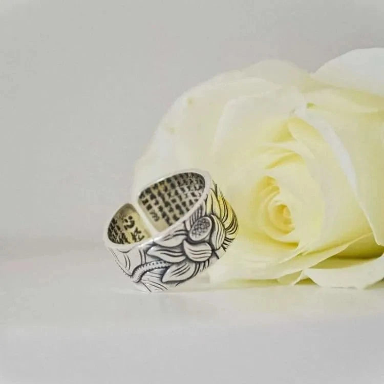 Bague fleur de lotus en argent, sutra du coeur