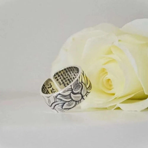 Bague fleur de lotus en argent, sutra du coeur