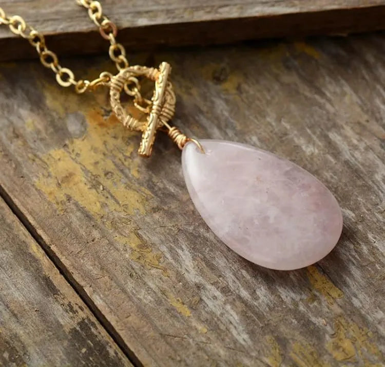 Collier quartz rose vintage, chaîne laiton