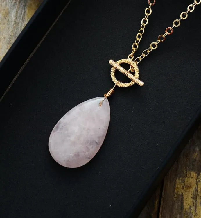 Collier quartz rose vintage, chaîne laiton