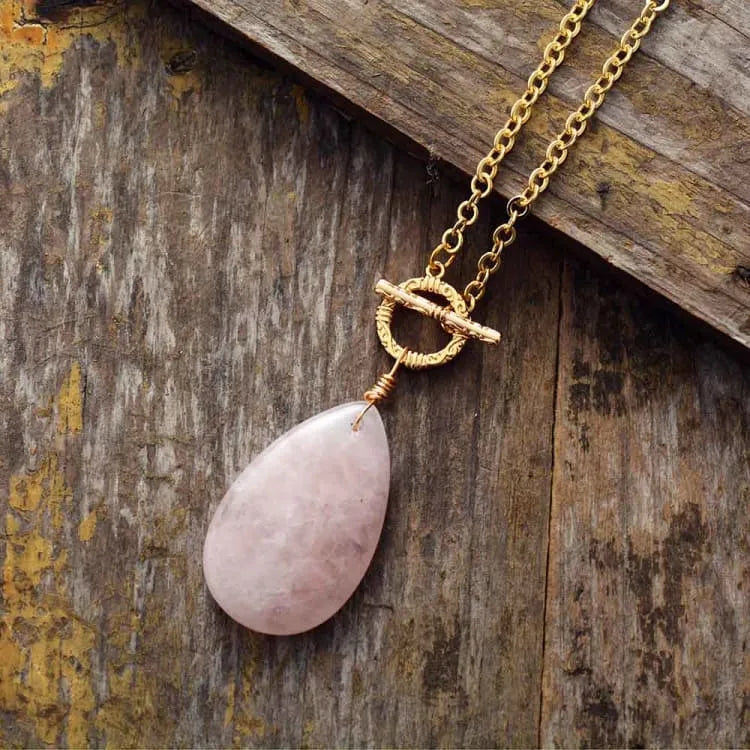 Collier quartz rose vintage, chaîne laiton