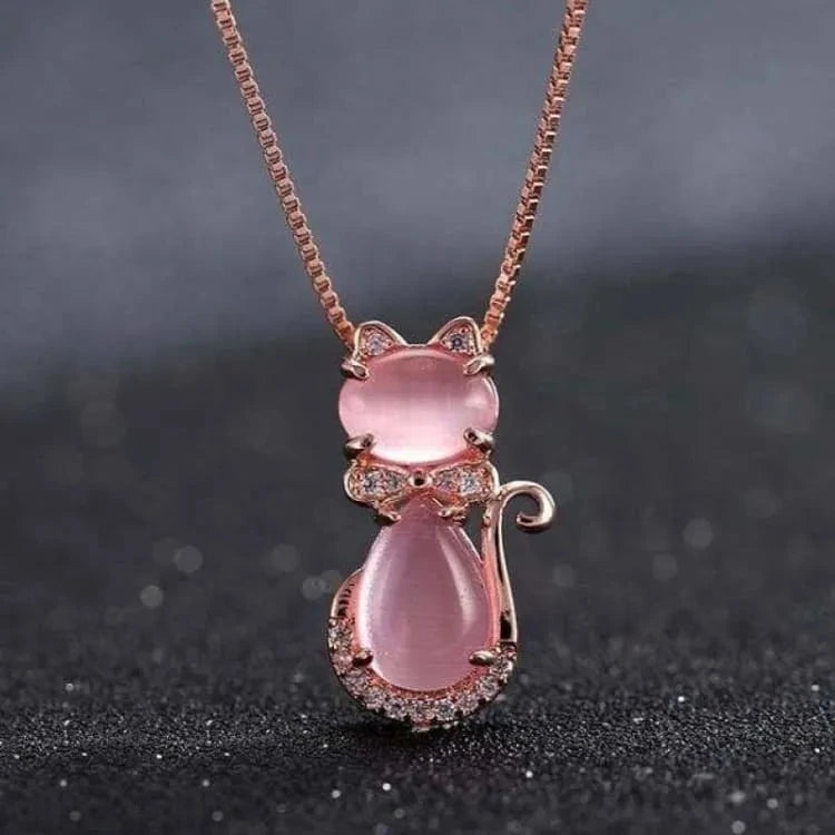 Collier quartz rose pendentif chat