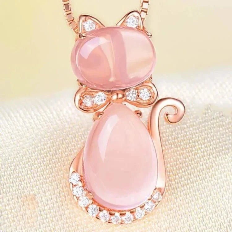 Collier quartz rose pendentif chat