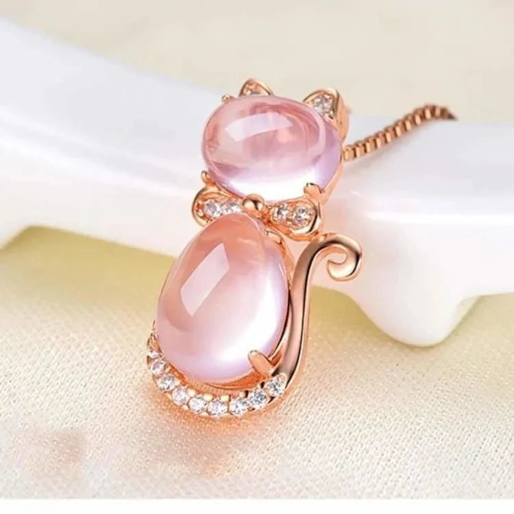 Collier quartz rose pendentif chat