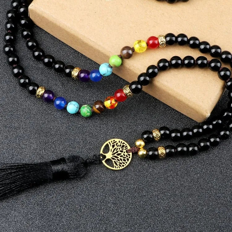 Collier 7 chakras arbre de vie noir
