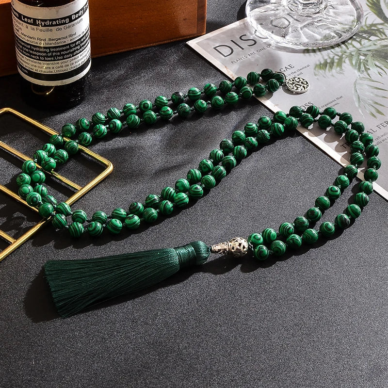 Mala tibétain en malachite à pompon