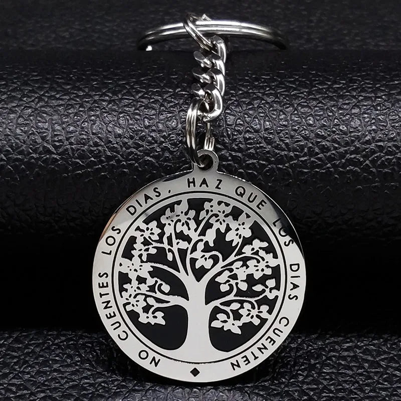 Porte-clés arbre de vie en acier inoxydable