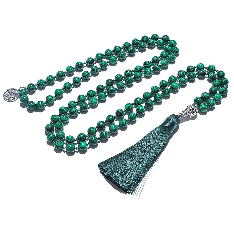 Mala tibétain en malachite à pompon