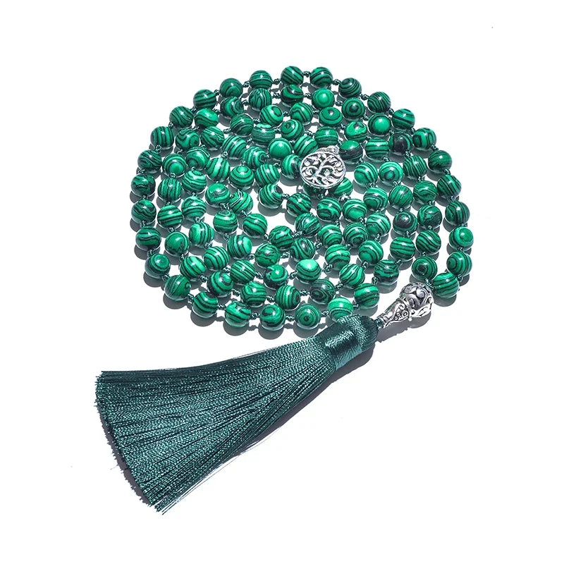 Mala tibétain en malachite à pompon