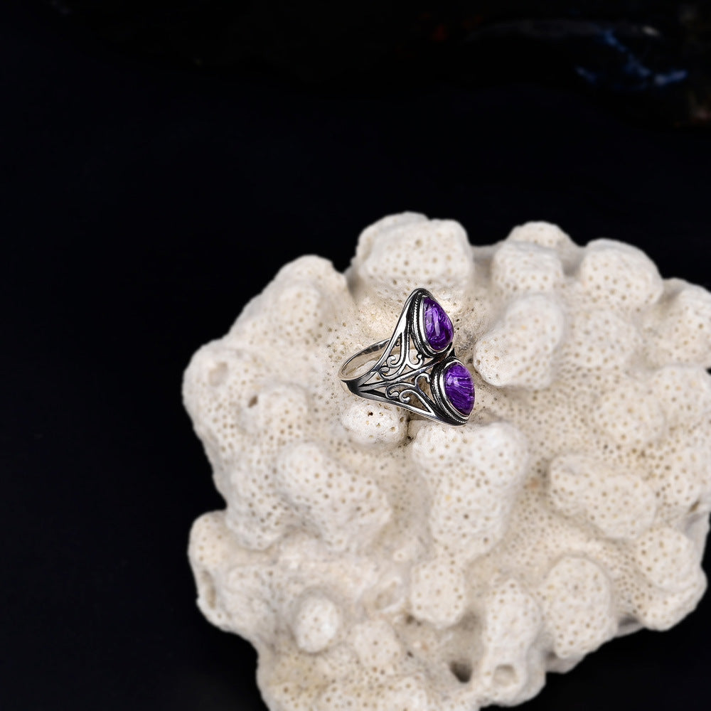 Bague améthyste double goutte en argent