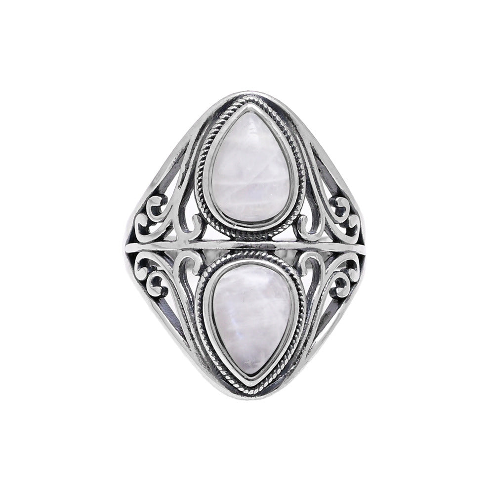 Bague pierre de lune double goutte en argent