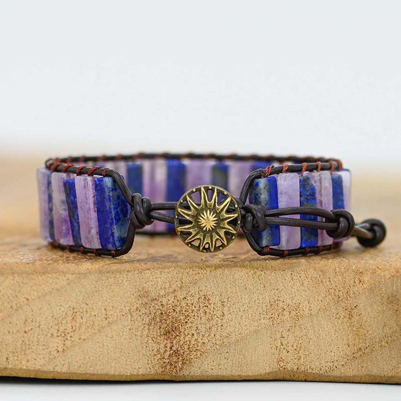 Bracelet améthyste et lapis lazuli en cuir tressé