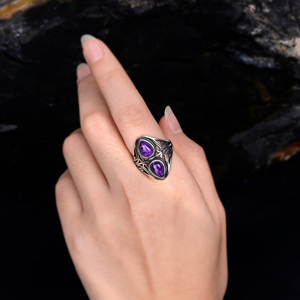 Bague améthyste double goutte en argent