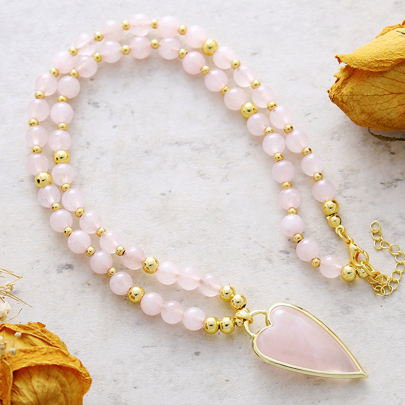 Collier quartz rose en forme de coeur