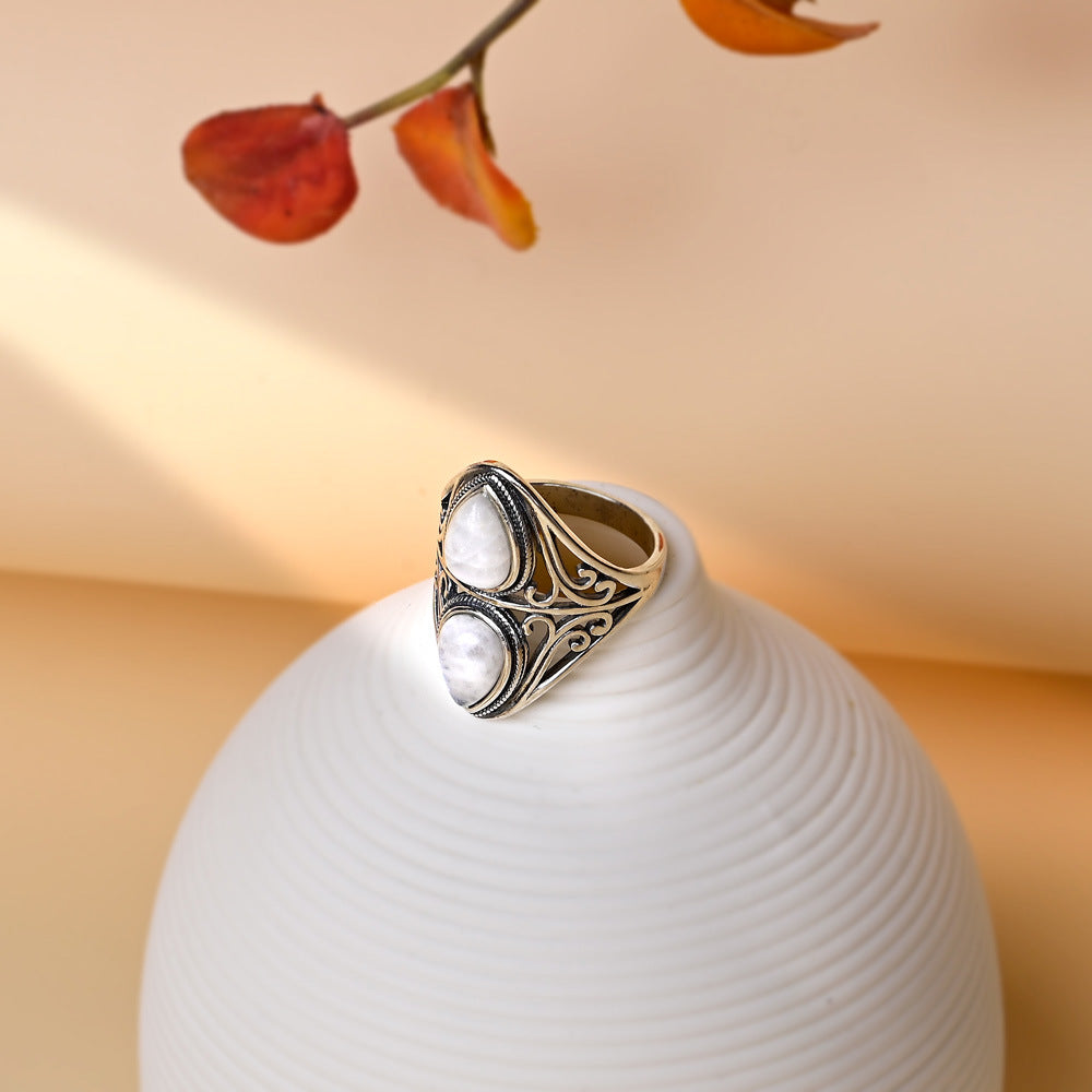 Bague pierre de lune double goutte en argent