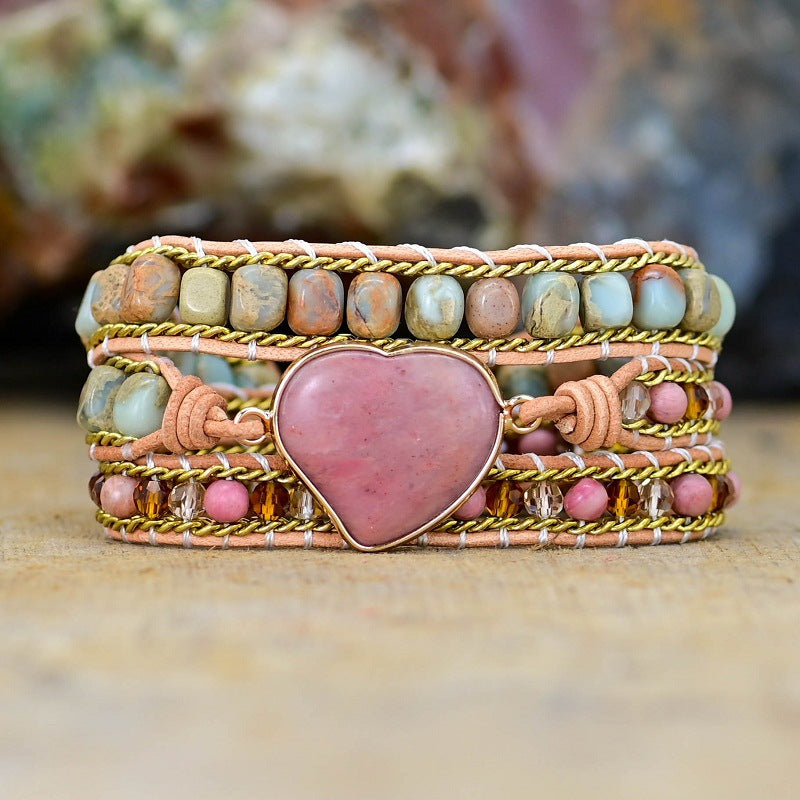 Bracelet quartz rose trois rangs, pendentif coeur