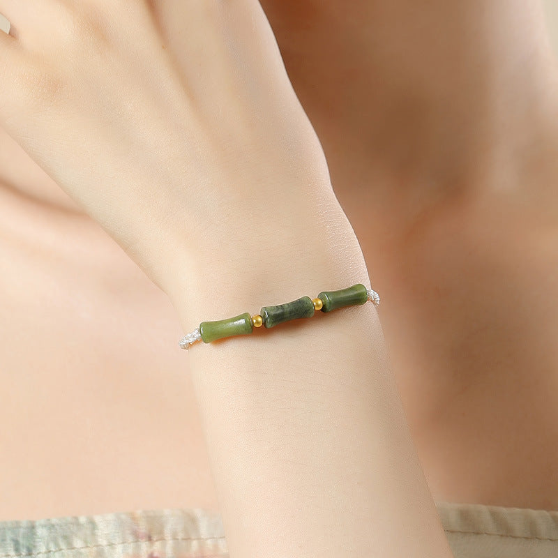 Bracelet jade olive et bambou en argent 925