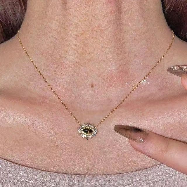 Collier oeil de tigre et ambre, chaîne 45 cm