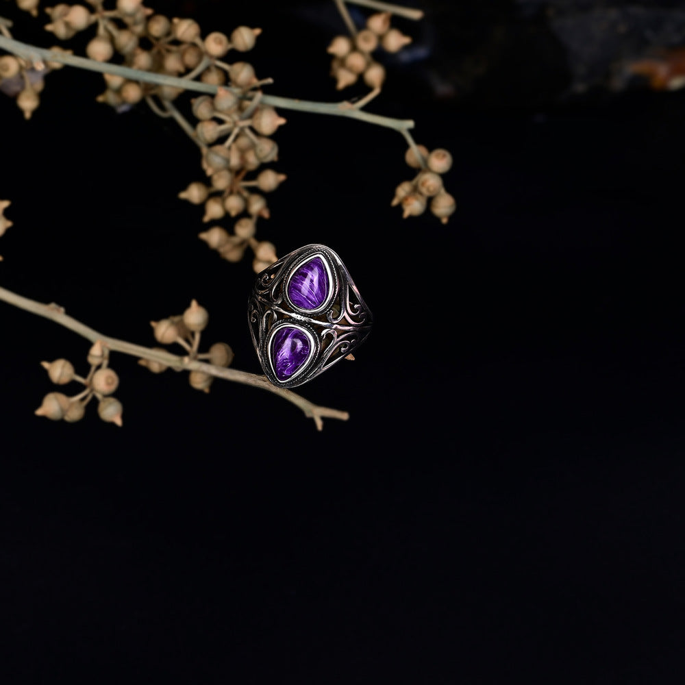 Bague améthyste double goutte en argent