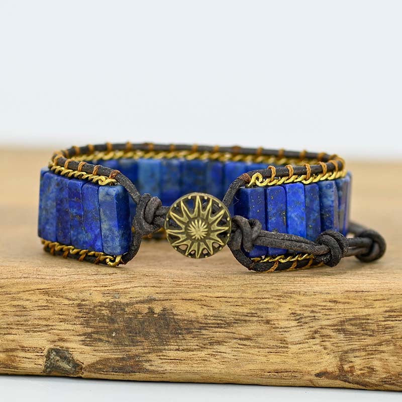Bracelet lapis lazuli et cuir tressé long