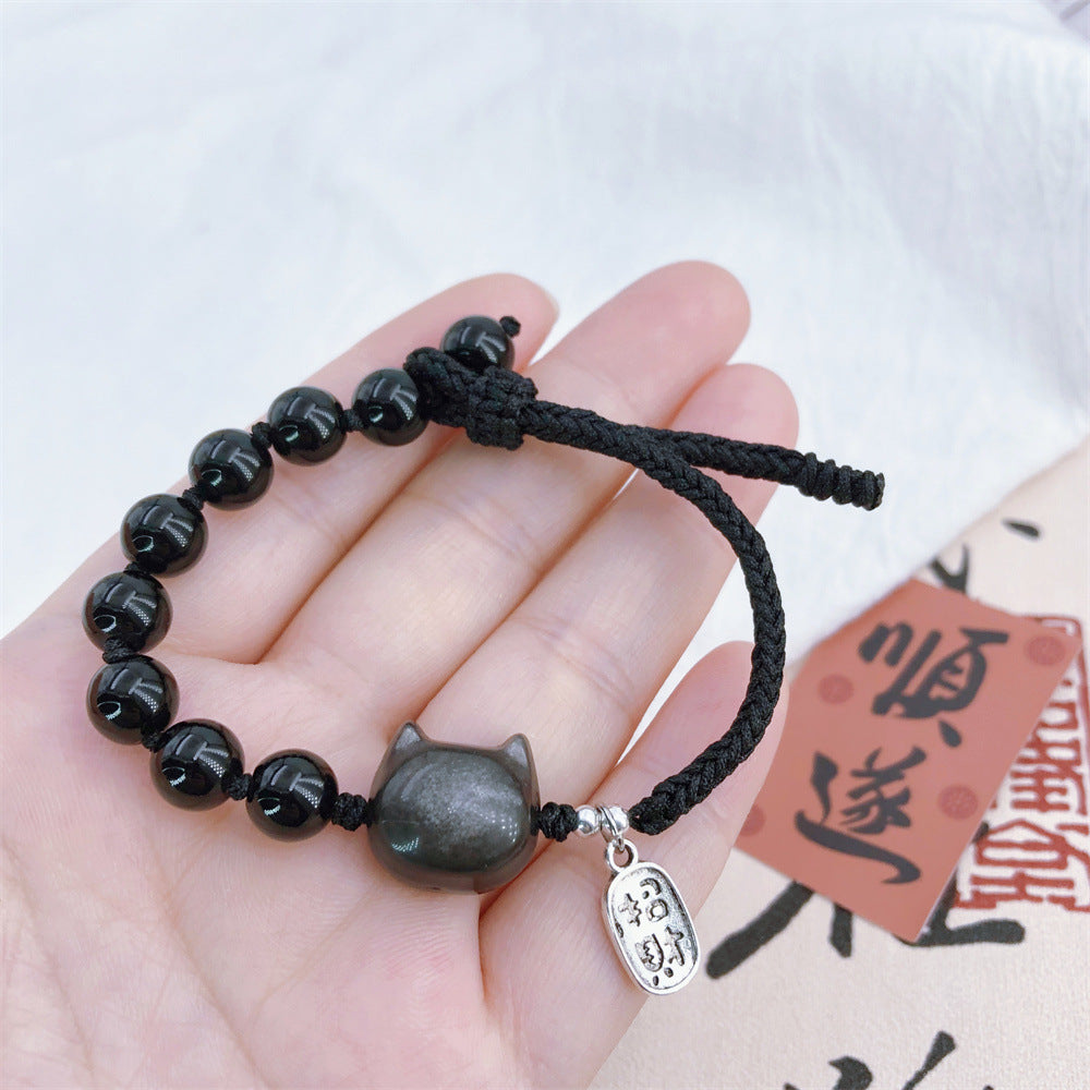 Bracelet obsidienne noire et chat porte-bonheur