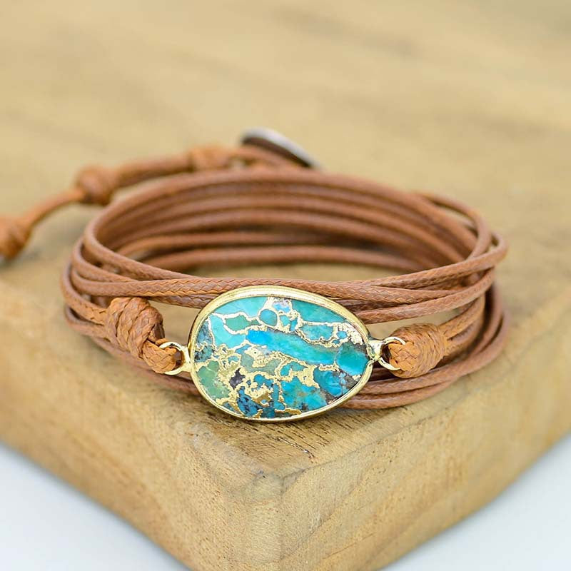 Bracelet turquoise bohème sur cordon marron