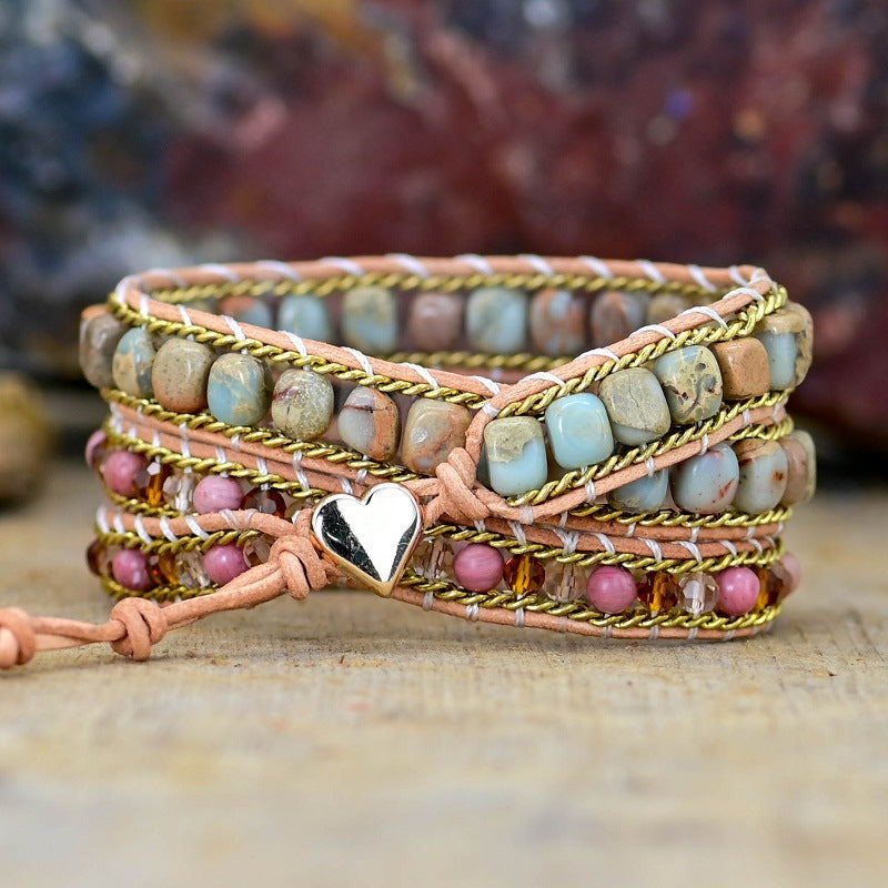 Bracelet quartz rose trois rangs, pendentif coeur