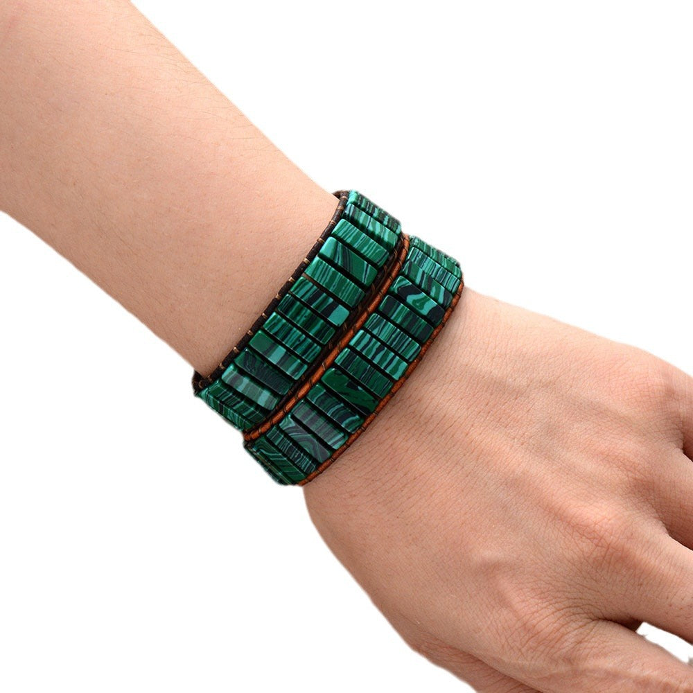 Bracelet porte bonheur multicouche en quartz vert