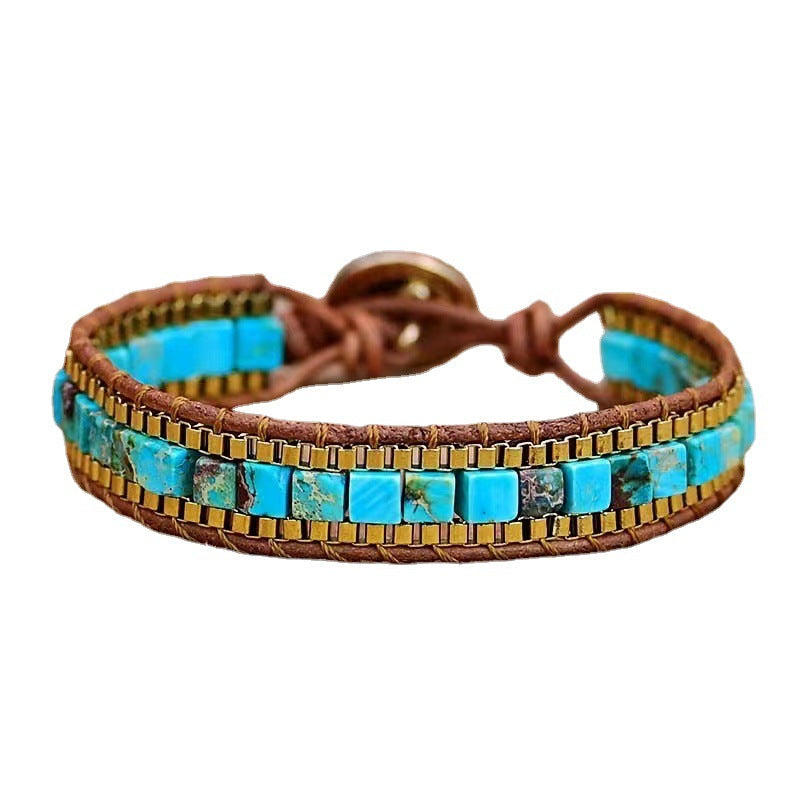 Bracelet turquoise carré en cuir tressé