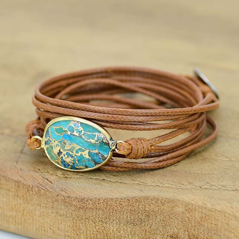 Bracelet turquoise bohème sur cordon marron